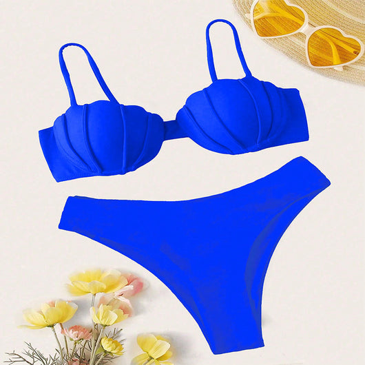 Vibrant blue two-piece bikini with seashell-shaped top and high-cut bottoms, perfect for beach or pool. - Image 11