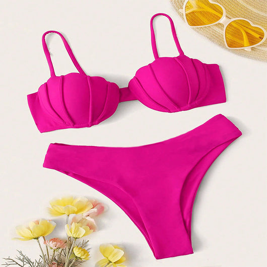 Vibrant blue two-piece bikini with seashell-shaped top and high-cut bottoms, perfect for beach or pool. - Image 12