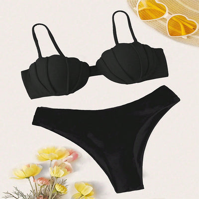 Vibrant blue two-piece bikini with seashell-shaped top and high-cut bottoms, perfect for beach or pool. - Image 15