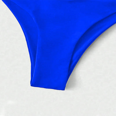 Vibrant blue two-piece bikini with seashell-shaped top and high-cut bottoms, perfect for beach or pool. - Image 16