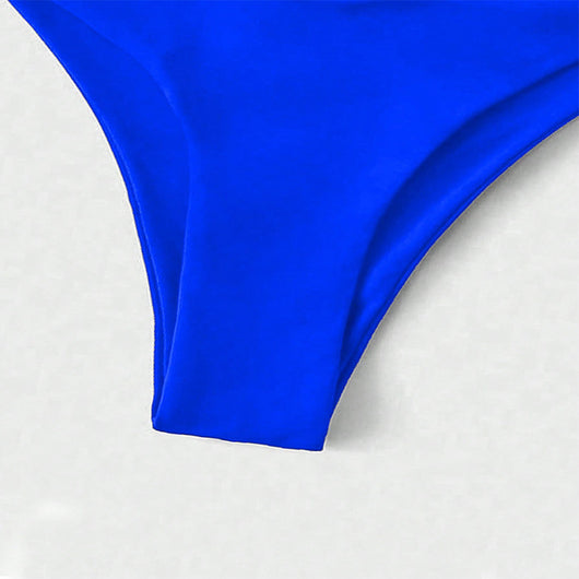 Vibrant blue two-piece bikini with seashell-shaped top and high-cut bottoms, perfect for beach or pool. - Image 16