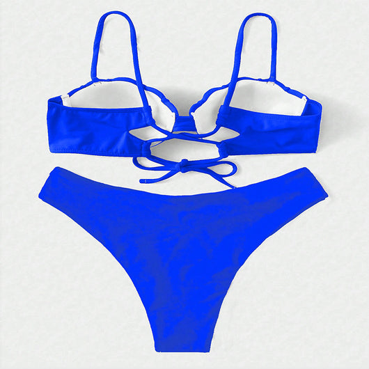 Vibrant blue two-piece bikini with seashell-shaped top and high-cut bottoms, perfect for beach or pool. - Image 20
