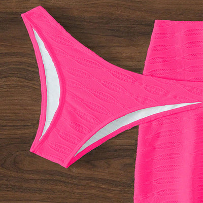 Hot pink lace-up bikini three-piece swimsuit with textured fabric and ruffled sheer cover-up skirt. - Image 17
