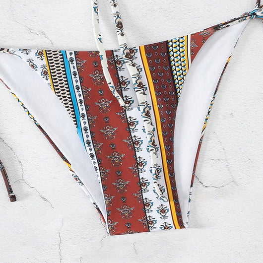 Women's printed lace-up bandeau bikini top and tie-side bottoms with colorful striped and paisley patterns. - Image 10
