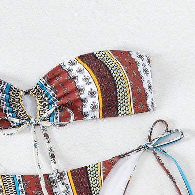 Women's printed lace-up bandeau bikini top and tie-side bottoms with colorful striped and paisley patterns. - Image 11