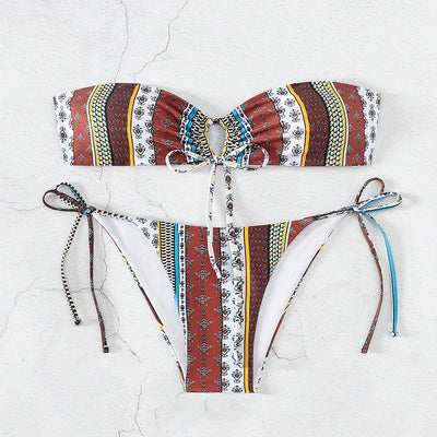 Women's printed lace-up bandeau bikini top and tie-side bottoms with colorful striped and paisley patterns. - Image 13