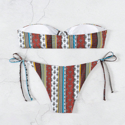 Women's printed lace-up bandeau bikini top and tie-side bottoms with colorful striped and paisley patterns. - Image 14