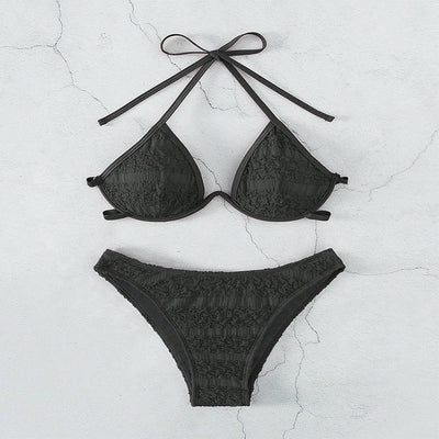 Woman in a white halter lace-up bikini with textured fabric, U-wire top, and high-cut bottom by a pool. - Image 16