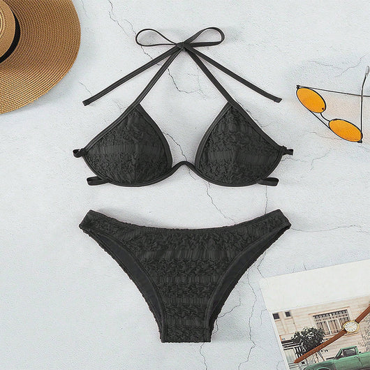 Woman in a white halter lace-up bikini with textured fabric, U-wire top, and high-cut bottom by a pool. - Image 25