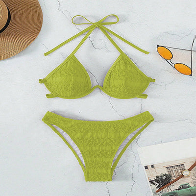 Woman in a white halter lace-up bikini with textured fabric, U-wire top, and high-cut bottom by a pool. - Image 26