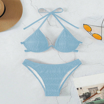 Woman in a white halter lace-up bikini with textured fabric, U-wire top, and high-cut bottom by a pool. - Image 27