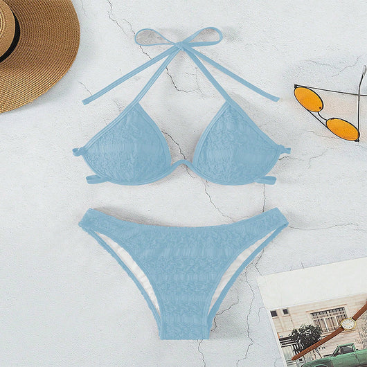 Woman in a white halter lace-up bikini with textured fabric, U-wire top, and high-cut bottom by a pool. - Image 27