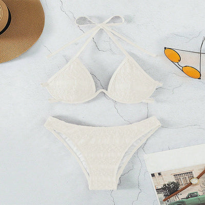 Woman in a white halter lace-up bikini with textured fabric, U-wire top, and high-cut bottom by a pool. - Image 28