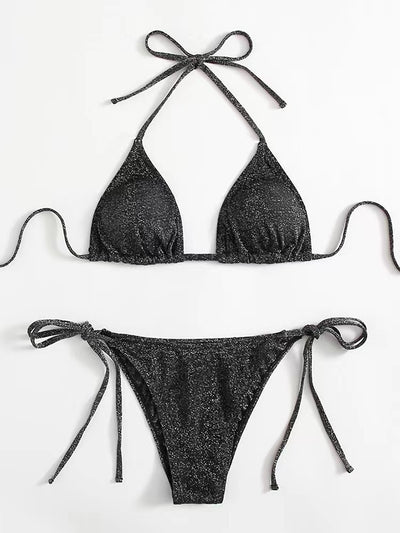 Shimmery blue two-piece bikini swimsuit with a triangle halter top and matching tie-side brief bottoms. - Image 21