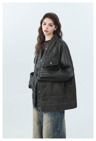 Chaqueta de Cuero PU Estilo Retro Americano Desgastado para Motociclista - Image 10