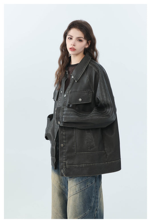 Chaqueta de Cuero PU Estilo Retro Americano Desgastado para Motociclista - Image 10