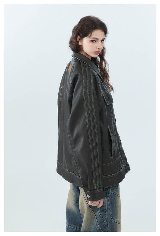 Chaqueta de Cuero PU Estilo Retro Americano Desgastado para Motociclista - Image 14
