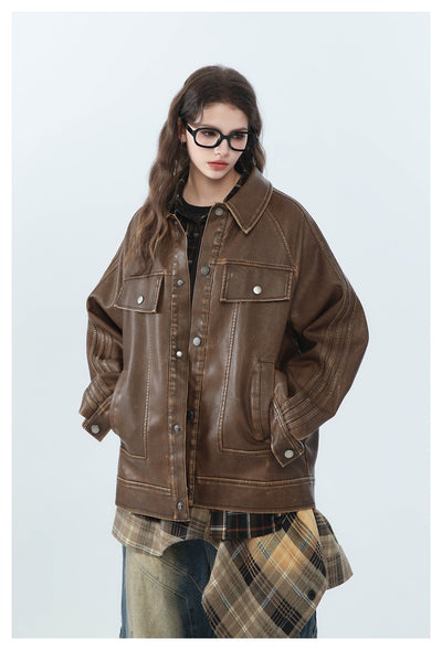 Chaqueta de Cuero PU Estilo Retro Americano Desgastado para Motociclista - Image 16