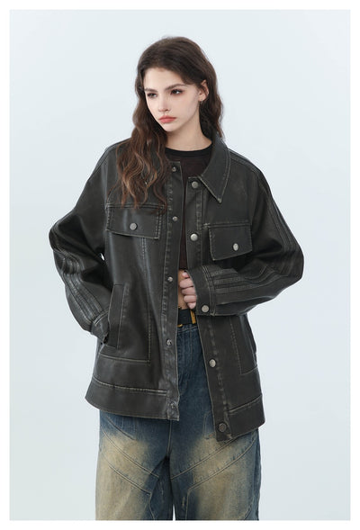 Chaqueta de Cuero PU Estilo Retro Americano Desgastado para Motociclista - Image 18
