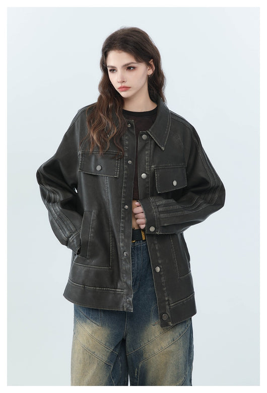 Chaqueta de Cuero PU Estilo Retro Americano Desgastado para Motociclista - Image 18