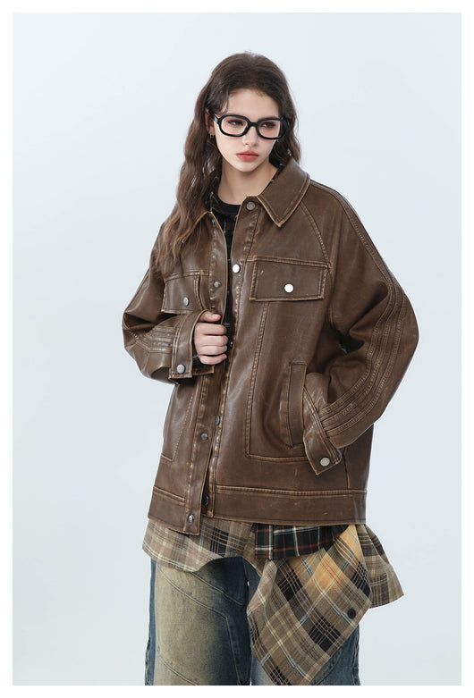 Chaqueta de Cuero PU Estilo Retro Americano Desgastado para Motociclista - Image 25