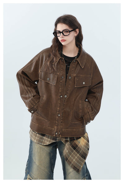 Chaqueta de Cuero PU Estilo Retro Americano Desgastado para Motociclista - Image 26