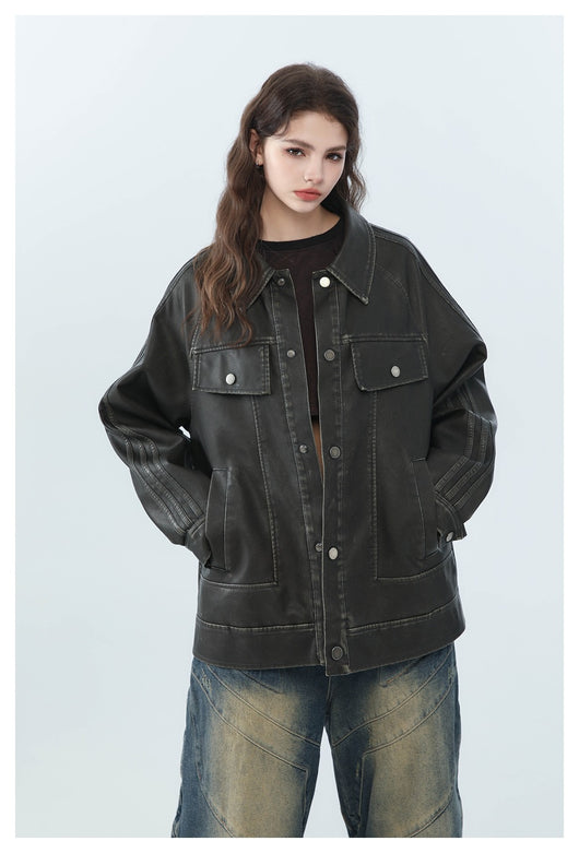 Chaqueta de Cuero PU Estilo Retro Americano Desgastado para Motociclista - Image 27