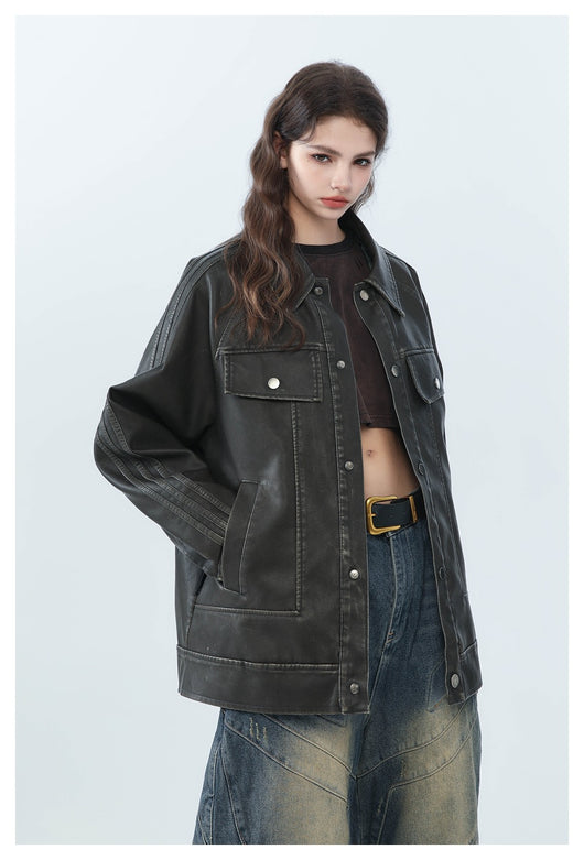 Chaqueta de Cuero PU Estilo Retro Americano Desgastado para Motociclista - Image 30