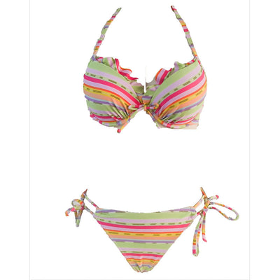 Colorful striped lace-up bikini swimsuit with a ruffled halter top and matching tie-side bottoms. - Image 8