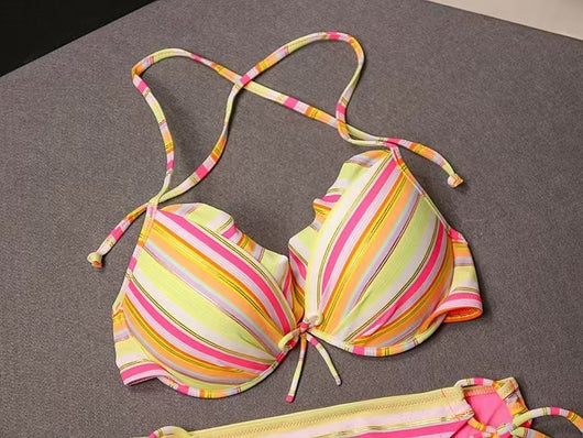 Colorful striped lace-up bikini swimsuit with a ruffled halter top and matching tie-side bottoms. - Image 11