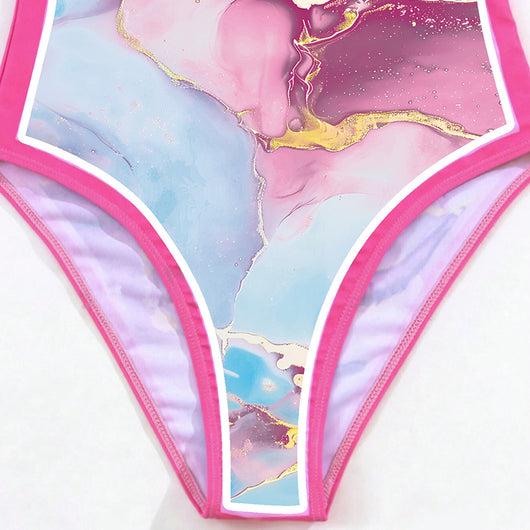 Women's one-piece swimsuit and matching sarong with a pink, blue, and gold marble print. Features tie-shoulder straps. - Image 9
