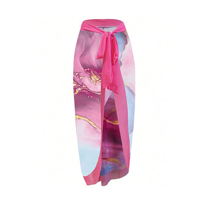 Women's one-piece swimsuit and matching sarong with a pink, blue, and gold marble print. Features tie-shoulder straps. - Image 11