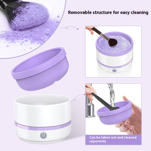 Automatic makeup brush cleaning device in white and light blue, actively cleaning a dark makeup brush. - Image 9