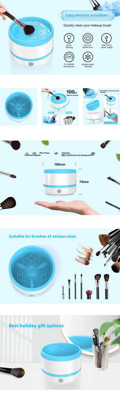 Automatic makeup brush cleaning device in white and light blue, actively cleaning a dark makeup brush. - Image 11