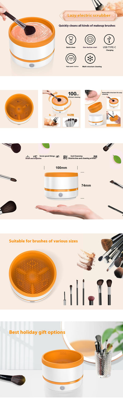 Automatic makeup brush cleaning device in white and light blue, actively cleaning a dark makeup brush. - Image 13