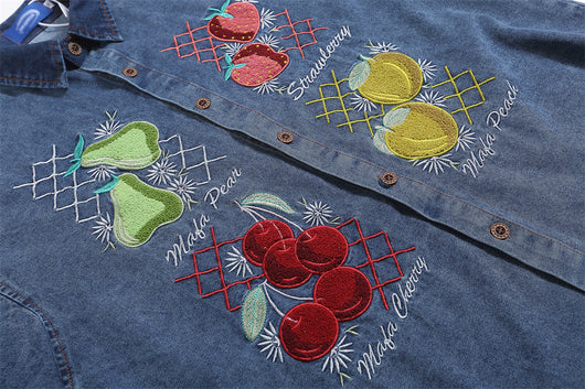 Camisa Denim Lavada con Bordado de Frutas - Manga Corta - Image 13