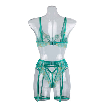 Teal women's fashion bra set with floral embroidery, including an underwire bra, thong, and garter belt. - Image 17