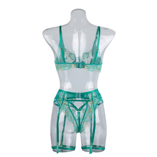 Teal women's fashion bra set with floral embroidery, including an underwire bra, thong, and garter belt. - Image 17