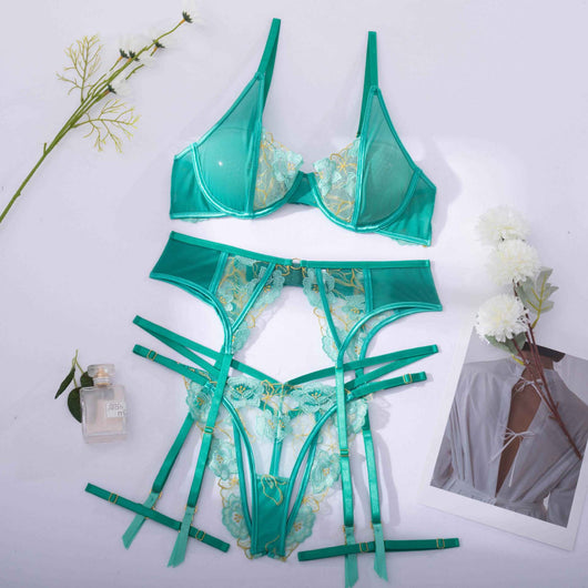 Teal women's fashion bra set with floral embroidery, including an underwire bra, thong, and garter belt. - Image 23