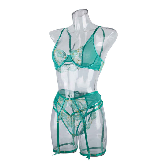 Teal women's fashion bra set with floral embroidery, including an underwire bra, thong, and garter belt. - Image 26
