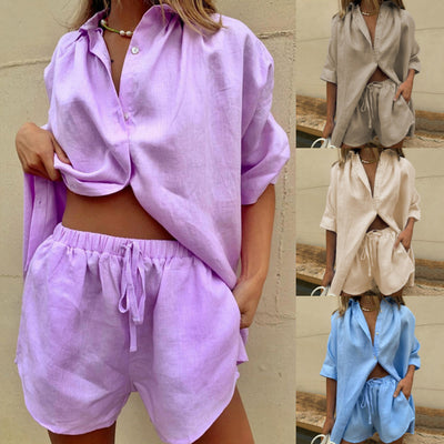 Conjunto de Dos Piezas: Camisa Manga Corta con Solapa y Pantalón Ancho con Shorts de Cordones - Image 18