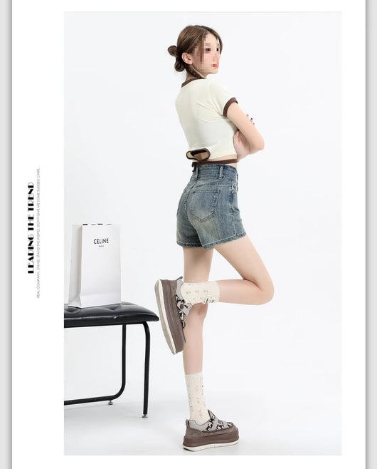Short Denim Ajustado Cintura Alta Efecto Reductor Retro Vintage - Image 13