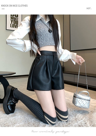 Pantalón de Cuero Marrón Cintura Alta Pierna Ancha Casual - Image 10