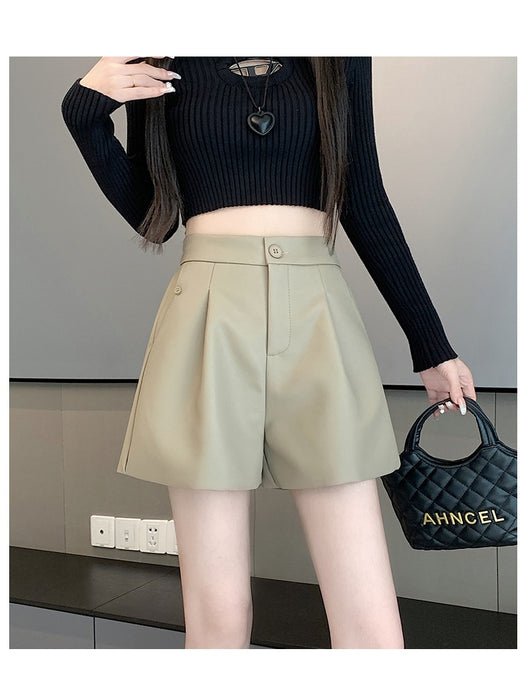 Pantalón de Cuero Marrón Cintura Alta Pierna Ancha Casual - Image 12