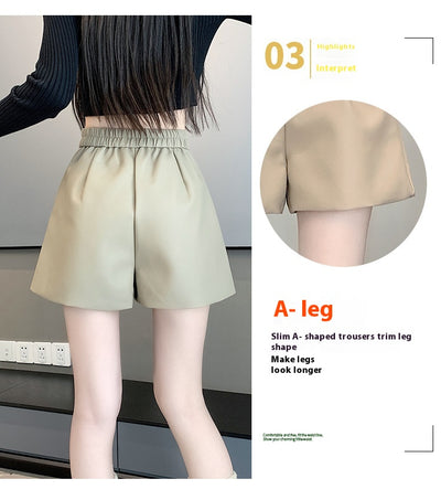 Pantalón de Cuero Marrón Cintura Alta Pierna Ancha Casual - Image 14