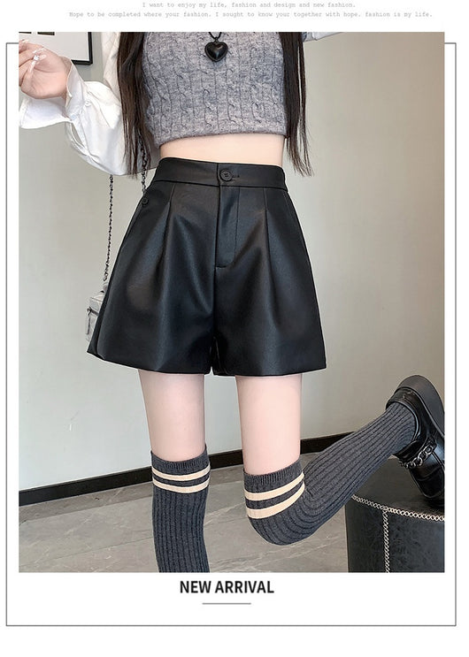 Pantalón de Cuero Marrón Cintura Alta Pierna Ancha Casual - Image 17