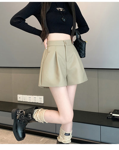 Pantalón de Cuero Marrón Cintura Alta Pierna Ancha Casual - Image 18