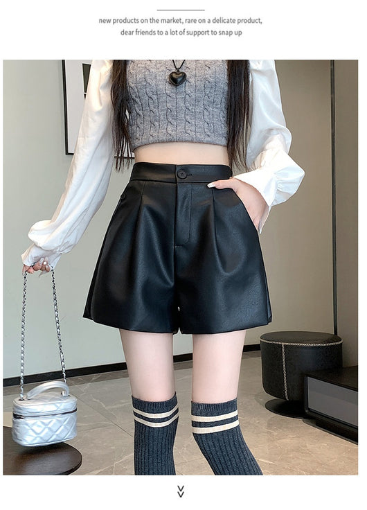 Pantalón de Cuero Marrón Cintura Alta Pierna Ancha Casual - Image 19
