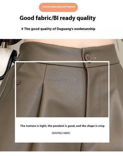 Pantalón de Cuero Marrón Cintura Alta Pierna Ancha Casual - Image 21