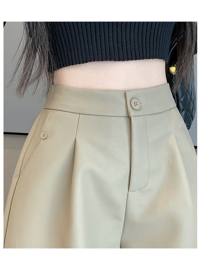 Pantalón de Cuero Marrón Cintura Alta Pierna Ancha Casual - Image 22